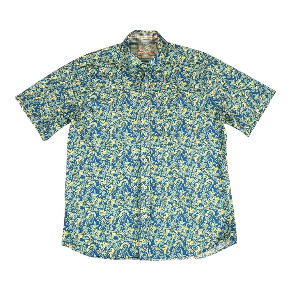 Alan Flusser Paisley Floral Button Down Shirt Mens L Blue Short Sleeve Cotton